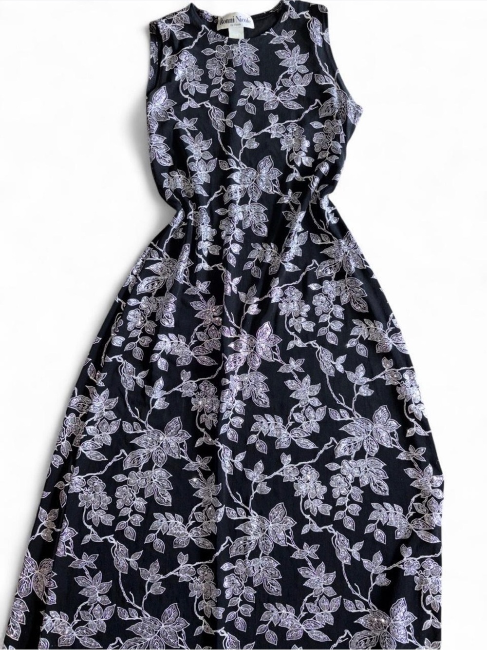 Sleeveless Black Maxi Dress with silver Floral Print